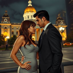 An enticing scene set in Philadelphia, illustrating a thrilling affair between a young woman with long brown hair and stylish bangs, and a handsome Latino mayor