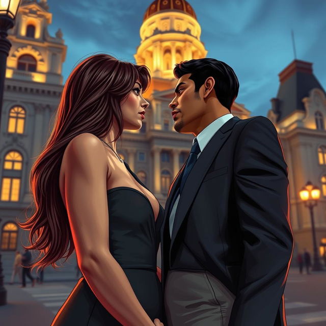 An enticing scene set in Philadelphia, illustrating a thrilling affair between a young woman with long brown hair and stylish bangs, and a handsome Latino mayor