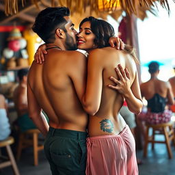 A sensual scene featuring Nushrat Bharucha in a vibrant beach shack, engaged in an alluring lap dance for a man
