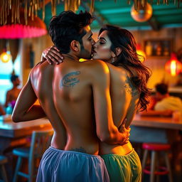 A sensual scene featuring Nushrat Bharucha in a vibrant beach shack, engaged in an alluring lap dance for a man