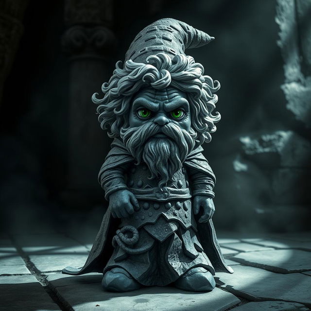 A rock gnome character made entirely of obsidian rock, with a textured surface that reflects light