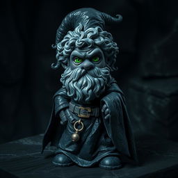 A rock gnome character made entirely of obsidian rock, with a textured surface that reflects light