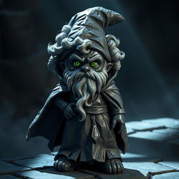 A rock gnome character made entirely of obsidian rock, with a textured surface that reflects light