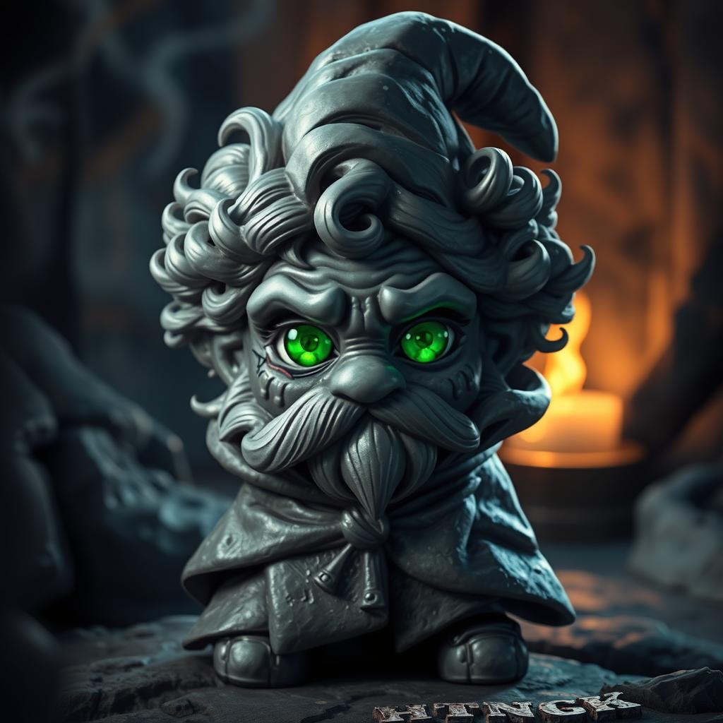 A rock gnome character crafted from obsidian, showcasing a shiny and textured surface