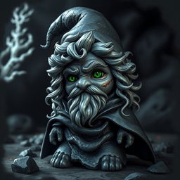 A rock gnome character crafted from obsidian, showcasing a shiny and textured surface