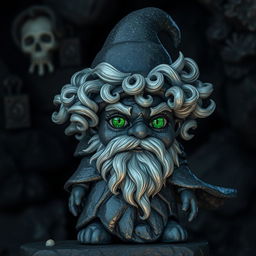 A rock gnome character crafted from obsidian, showcasing a shiny and textured surface