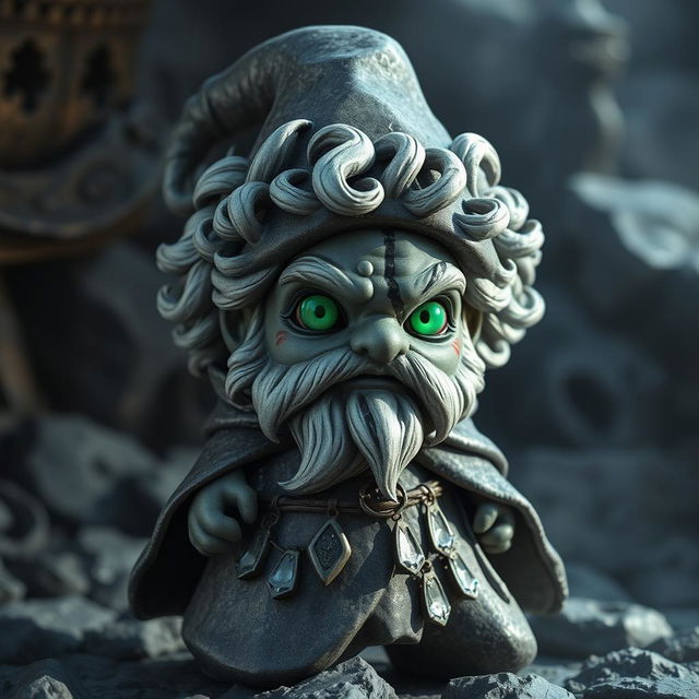 A rock gnome character crafted from obsidian, showcasing a shiny and textured surface