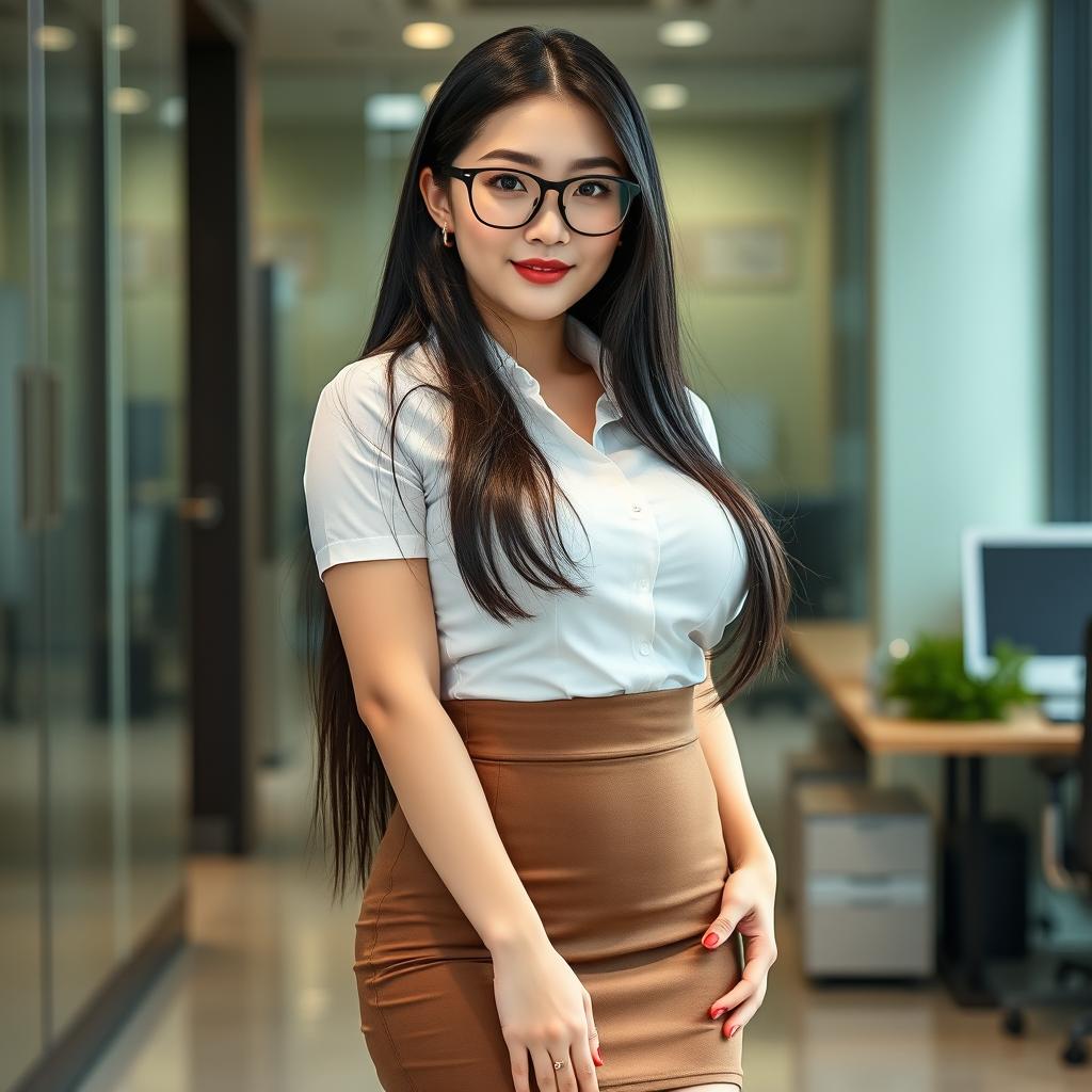 A seductive 19-year-old Korean female secretary, featuring a curvy body with extremely large silicone breasts and a voluptuous big ass