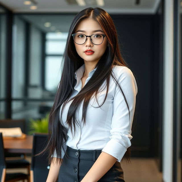 A seductive 19-year-old Korean female secretary, featuring a curvy body with extremely large silicone breasts and a voluptuous big ass