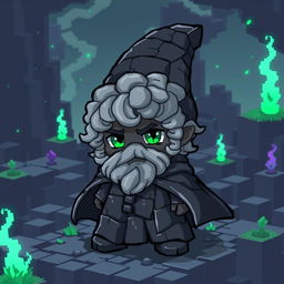 A rock gnome character designed to resemble Minecraft obsidian, featuring a pixelated, blocky texture that captures the essence of the game