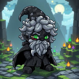 A rock gnome character designed to resemble Minecraft obsidian, featuring a pixelated, blocky texture that captures the essence of the game