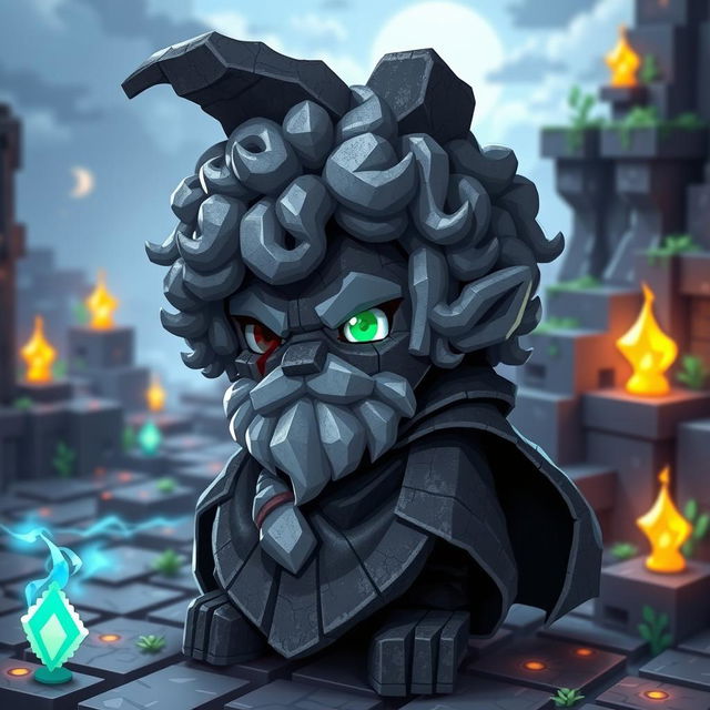 A rock gnome character designed to resemble Minecraft obsidian, featuring a pixelated, blocky texture that captures the essence of the game