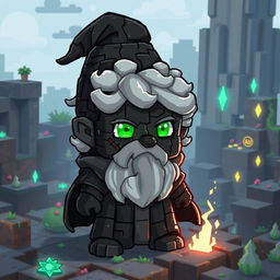 A rock gnome character designed to resemble Minecraft obsidian, featuring a pixelated, blocky texture that captures the essence of the game