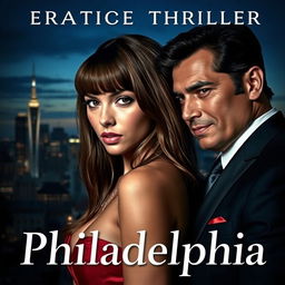 An erotic thriller novel cover featuring a striking young woman with long brown hair and stylish bangs, radiating mystery and seduction