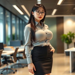 A seductive Korean female secretary, aged 19, characterized by a curvy body with huge, extremely wide silicone breasts and hard nipples that are accentuated by her tight button-down shirt