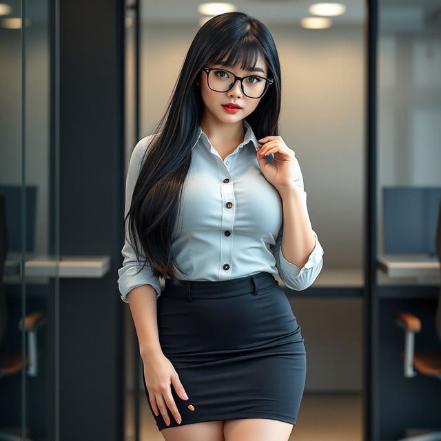 A seductive Korean female secretary, aged 19, characterized by a curvy body with huge, extremely wide silicone breasts and hard nipples that are accentuated by her tight button-down shirt