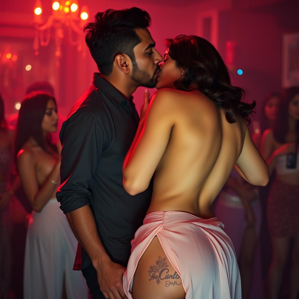 A sensual scene featuring Nushrat Bharucha at a lively house party, giving an enticing lap dance to a man