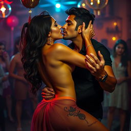 A sensual scene featuring Nushrat Bharucha at a lively house party, giving an enticing lap dance to a man