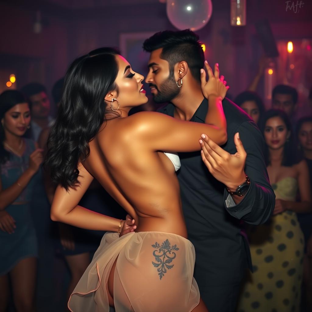 A sensual scene featuring Nushrat Bharucha at a lively house party, engaged in an intimate lap dance for a man