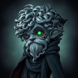 A short gnome necromancer made of obsidian, featuring silver and gray curly hair