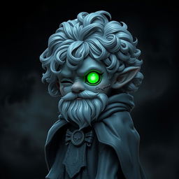 A short gnome necromancer made of obsidian, featuring silver and gray curly hair