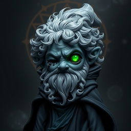 A short gnome necromancer made of obsidian, featuring silver and gray curly hair