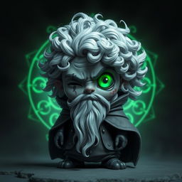 A short gnome necromancer made of obsidian, featuring silver and gray curly hair