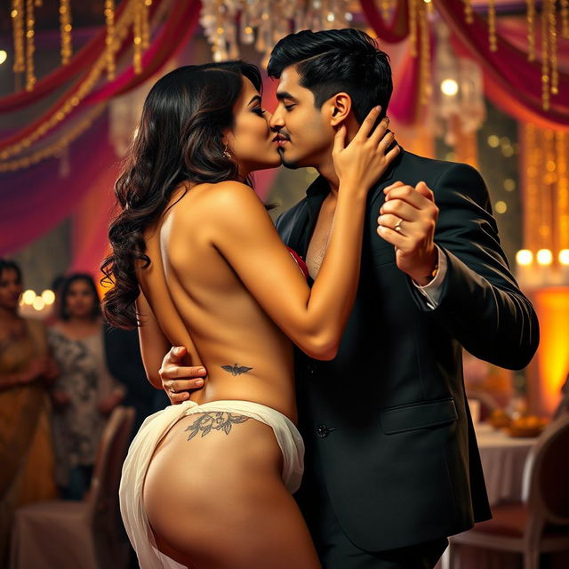 A sensual scene featuring Nushrat Bharucha at a glamorous wedding party, giving an enticing lap dance to a man