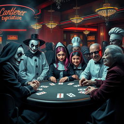 A gathering of diverse characters playing poker in a chilling casino atmosphere