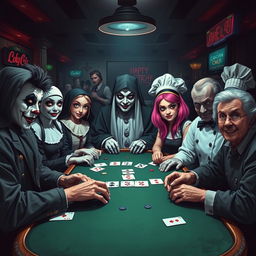 A gathering of diverse characters playing poker in a chilling casino atmosphere