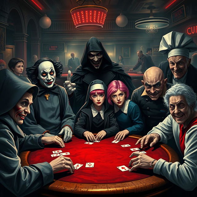 A gathering of diverse characters playing poker in a chilling casino atmosphere