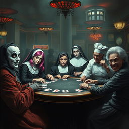 A gathering of diverse characters playing poker in a chilling casino atmosphere
