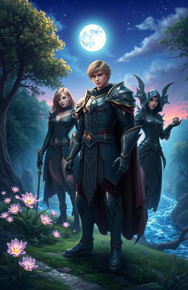 A beautiful, enchanting landscape at twilight, featuring two antagonists and a protagonist