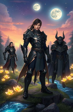 A beautiful, enchanting landscape at twilight, featuring two antagonists and a protagonist