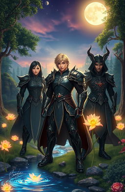 A beautiful, enchanting landscape at twilight, featuring two antagonists and a protagonist
