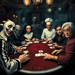 An eerie poker game unfolding in a sinister casino setting, featuring a diverse cast of characters