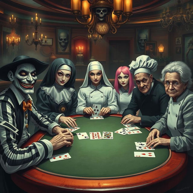 An eerie poker game unfolding in a sinister casino setting, featuring a diverse cast of characters