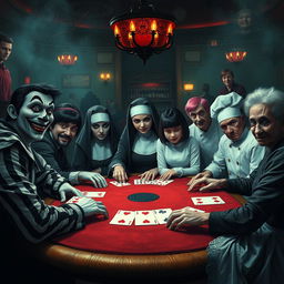 An eerie poker game unfolding in a sinister casino setting, featuring a diverse cast of characters