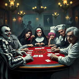 An eerie poker game unfolding in a sinister casino setting, featuring a diverse cast of characters