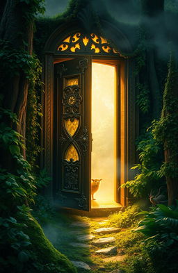An enigmatic scene depicting an ornate, ancient door slightly ajar in a mystical forest, soft golden light spilling out, casting ethereal shadows in the surroundings
