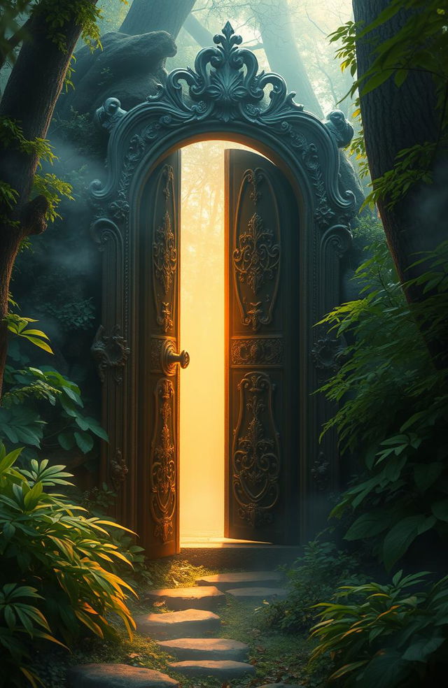 An enigmatic scene depicting an ornate, ancient door slightly ajar in a mystical forest, soft golden light spilling out, casting ethereal shadows in the surroundings