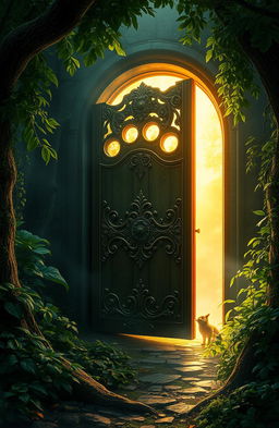 An enigmatic scene depicting an ornate, ancient door slightly ajar in a mystical forest, soft golden light spilling out, casting ethereal shadows in the surroundings