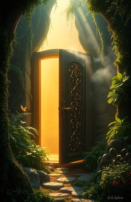 An enigmatic scene depicting an ornate, ancient door slightly ajar in a mystical forest, soft golden light spilling out, casting ethereal shadows in the surroundings