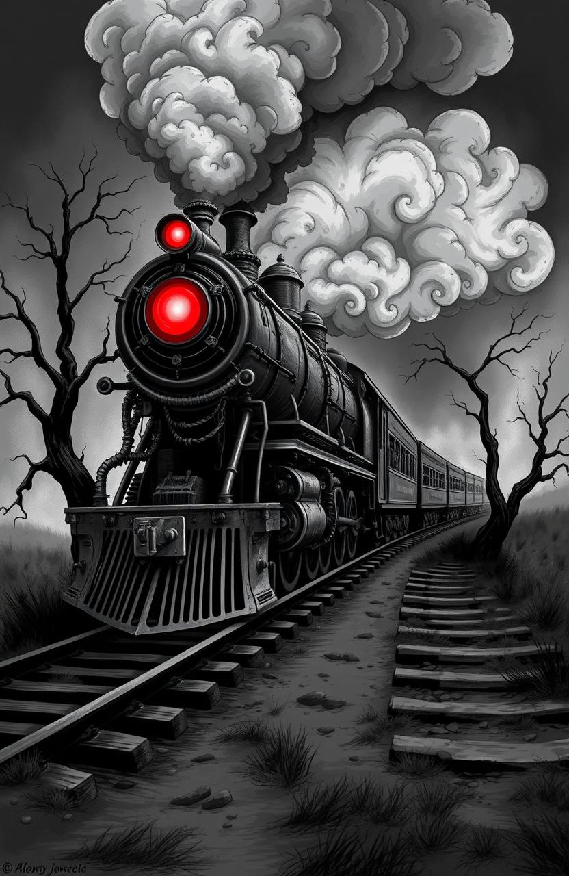 A haunting black and white illustration of a demonic train, featuring twisted metal and eerie, glowing red eyes on the front of the locomotive