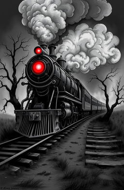 A haunting black and white illustration of a demonic train, featuring twisted metal and eerie, glowing red eyes on the front of the locomotive