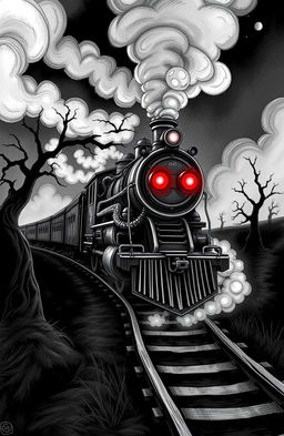 A haunting black and white illustration of a demonic train, featuring twisted metal and eerie, glowing red eyes on the front of the locomotive