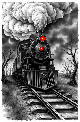 A haunting black and white illustration of a demonic train, featuring twisted metal and eerie, glowing red eyes on the front of the locomotive