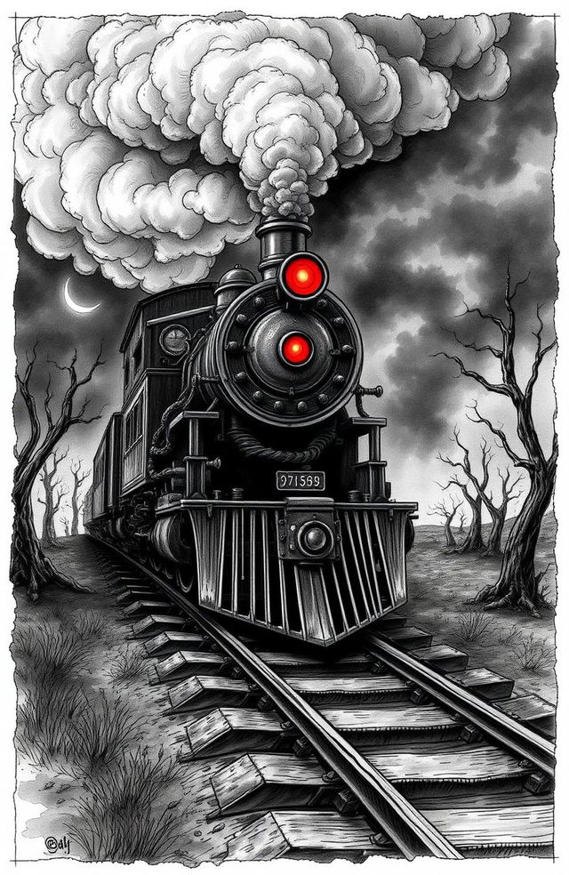 A haunting black and white illustration of a demonic train, featuring twisted metal and eerie, glowing red eyes on the front of the locomotive