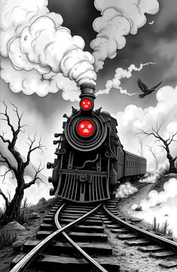 A haunting black and white illustration of a demonic train, featuring twisted metal and eerie, glowing red eyes on the front of the locomotive
