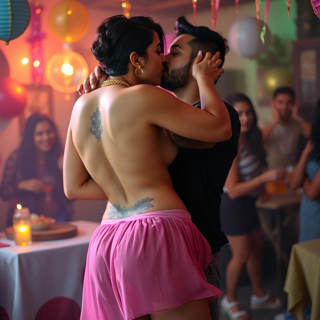 A sensual scene featuring Nushrat Bharucha at a lively house party, giving an intimate lap dance to her boyfriend